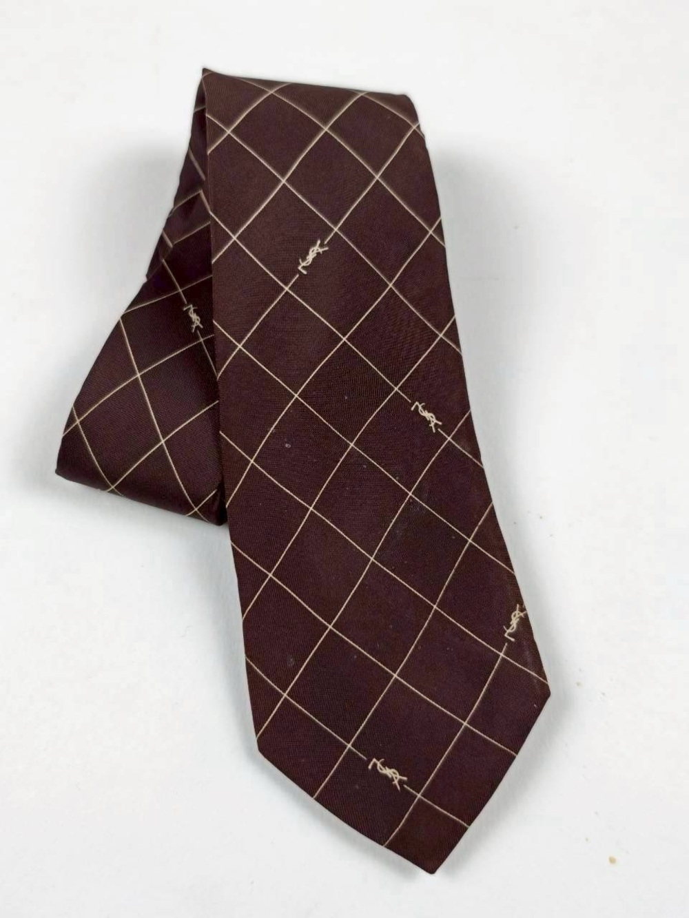 Yves Saint Laurent Brown Tie with Beige Windowpane and YSL Motif
